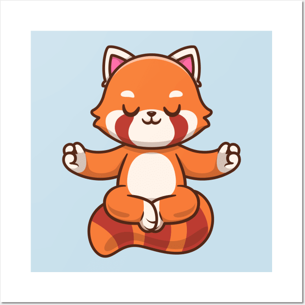 Cute Red Panda Meditating Yoga Cartoon Wall Art by Catalyst Labs